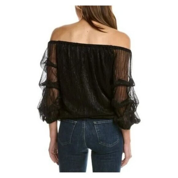 VINCE CAMUTO Womens Black Tie Ruched Lined Elasticized Sheer Balloon Sleeve Off - Picture 2 of 2